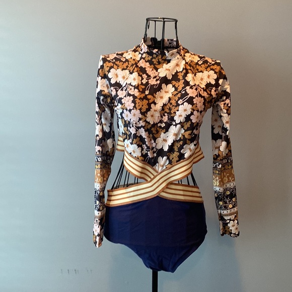 NWOT Black Blue Gold & White Floral One-Piece Bathing Suit - Picture 3 of 10